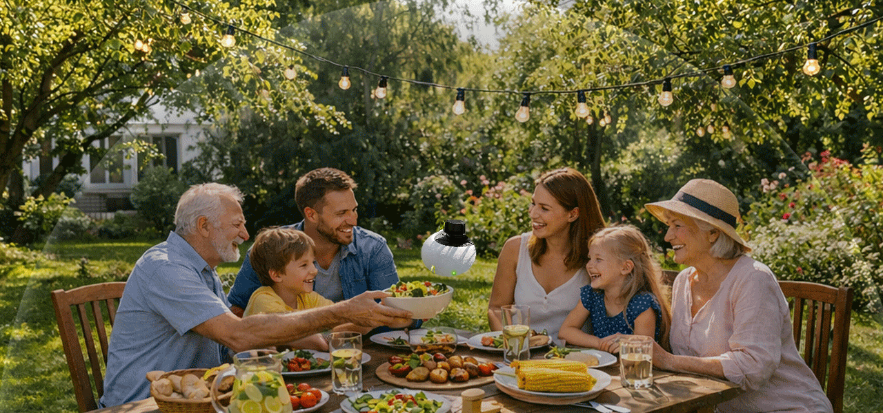 Famille au jardin protégée par plusieurs bornes LISA PAM en activité